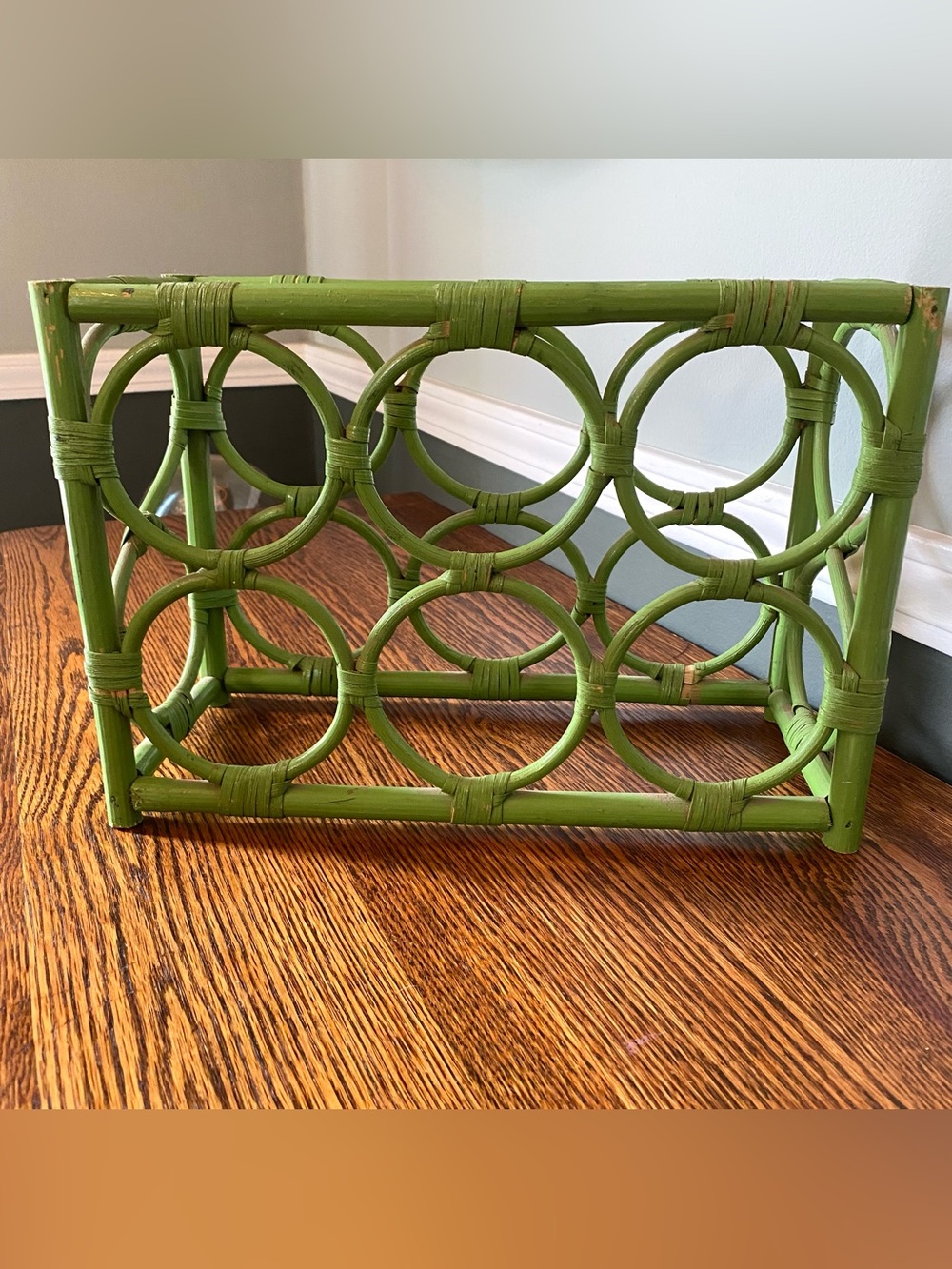 Vintage Mid Century MCM Green Bamboo Rattan Wine Rack 6 Bottle